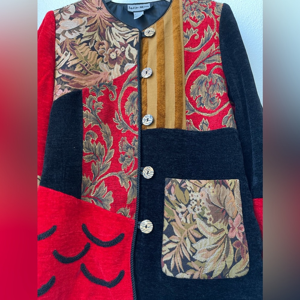 Vintage Indigo Moon Artsy Red Floral Embroidered Patchwork Jacket Blazer Small - Picture 3 of 4